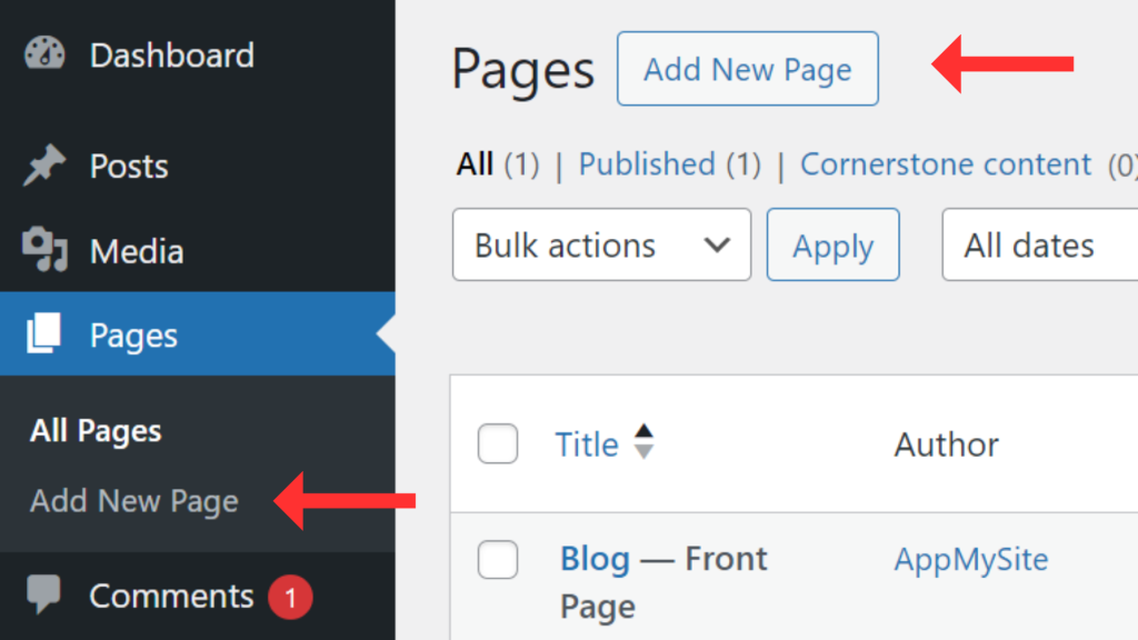 A preview of the Pages section on the WordPress dashboard