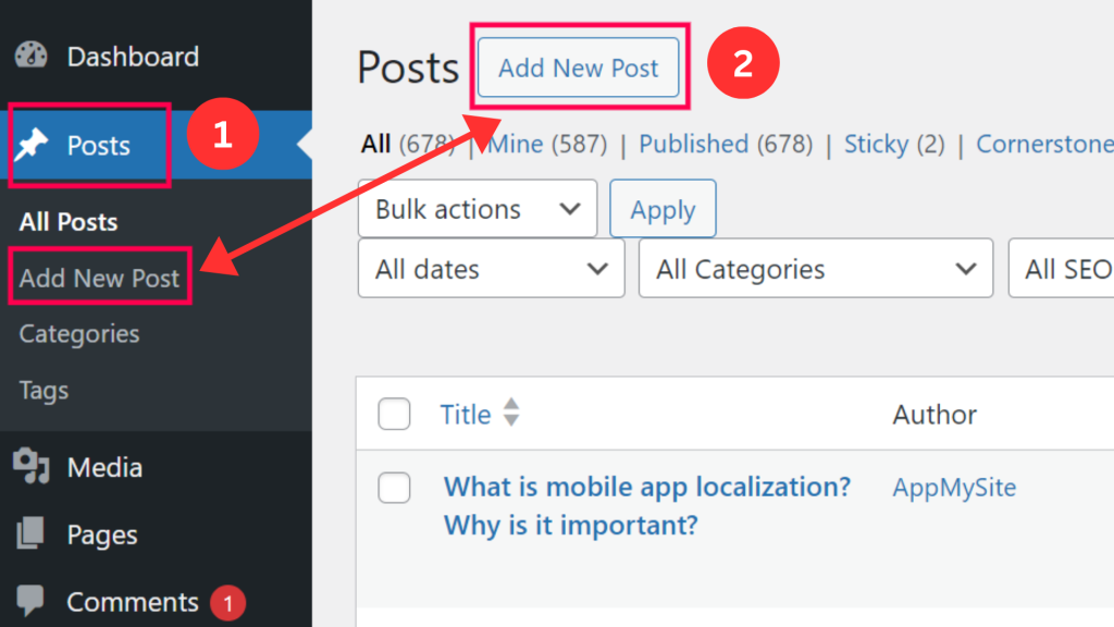 A preview of the Posts section on the WordPress dashboard